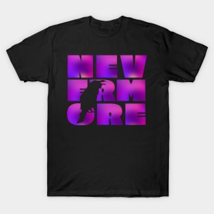 NEVERMORE in large psychedelic purple block letters + raven cut-out - famous Edgar Allan Poe quote T-Shirt